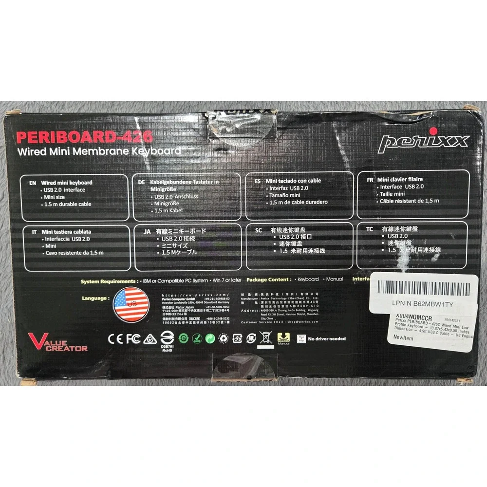 Perixx PERIBOARD-426 Wired Mini Membrane Keyboard Black USB 2.0 Compact New